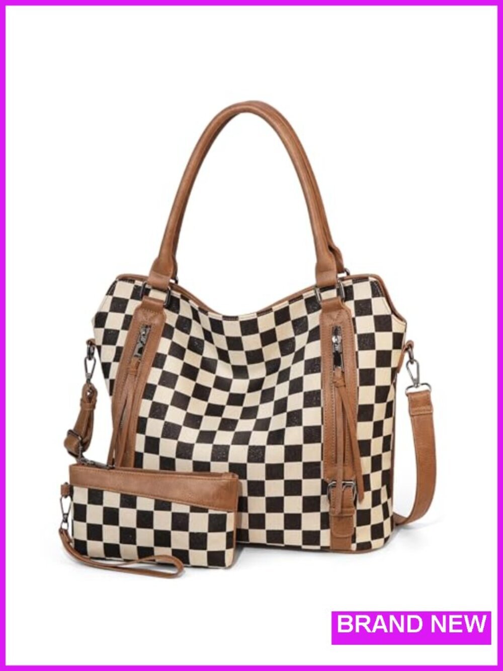 Large Checkered Tote Bag Hobo Shoulder Bag with Multiple Pockets PU Leather